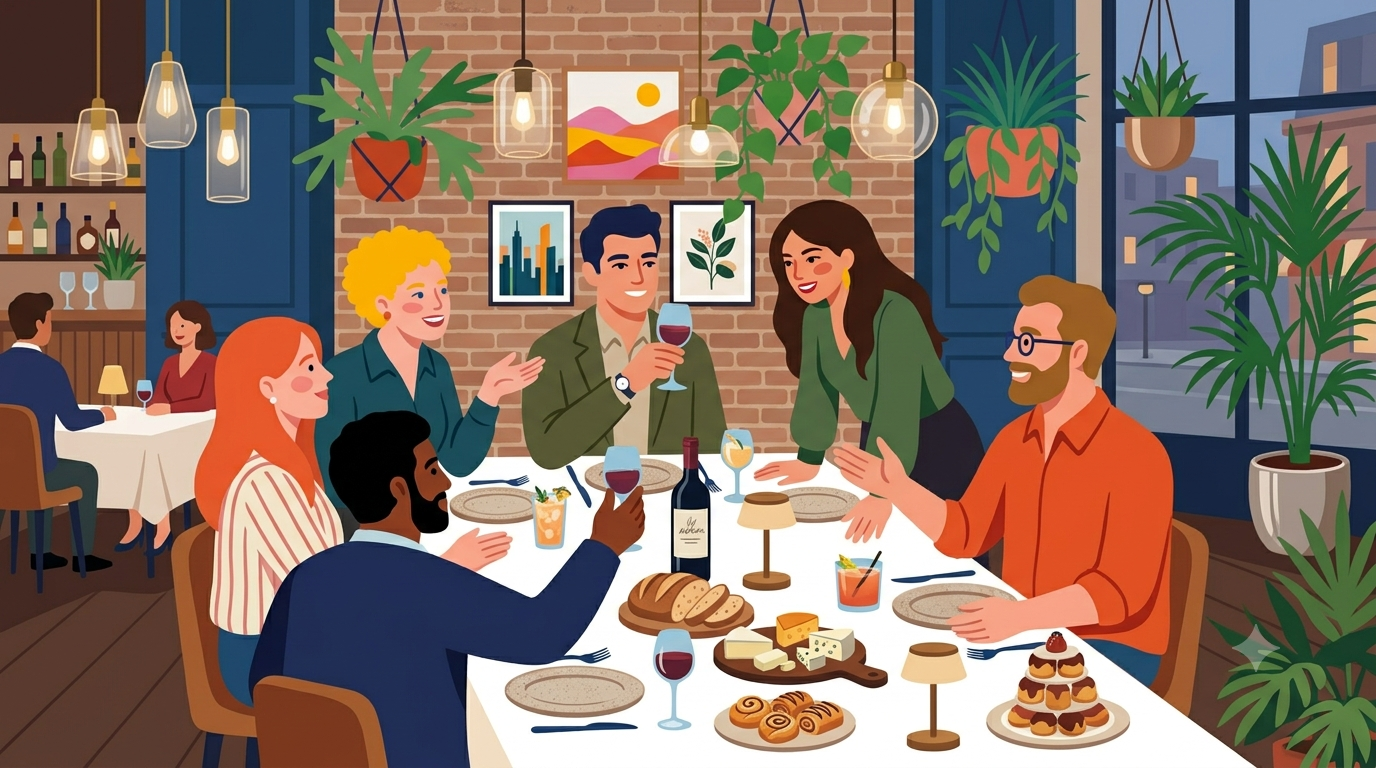 Friends laughing and talking at a Soda dinner